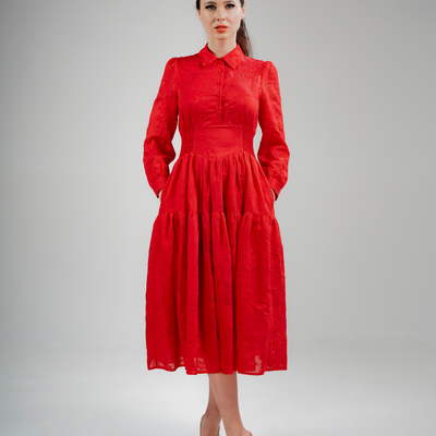 Diana Dress – Red Lyocell Organdi Midi Dress with Bonsai Embroidery
