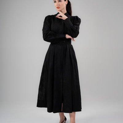 Diana Dress - Black Lyocell Organdi Midi Dress with Bonsai Embroidery