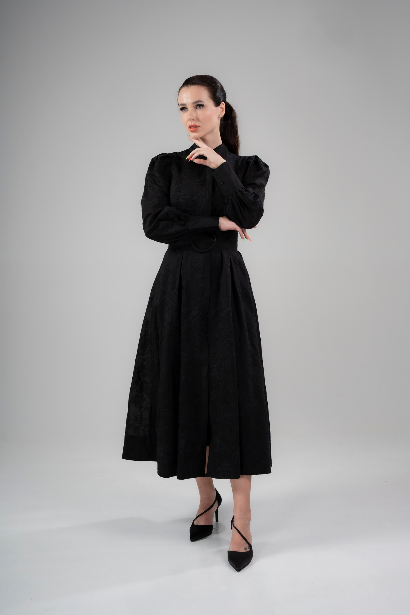 Diana Dress - Black Lyocell Organdi Midi Dress with Bonsai Embroidery