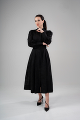 Diana Dress - Black Lyocell Organdi Midi Dress with Bonsai Embroidery