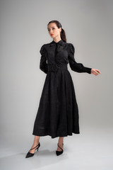 Diana Dress - Black Lyocell Organdi Midi Dress with Bonsai Embroidery
